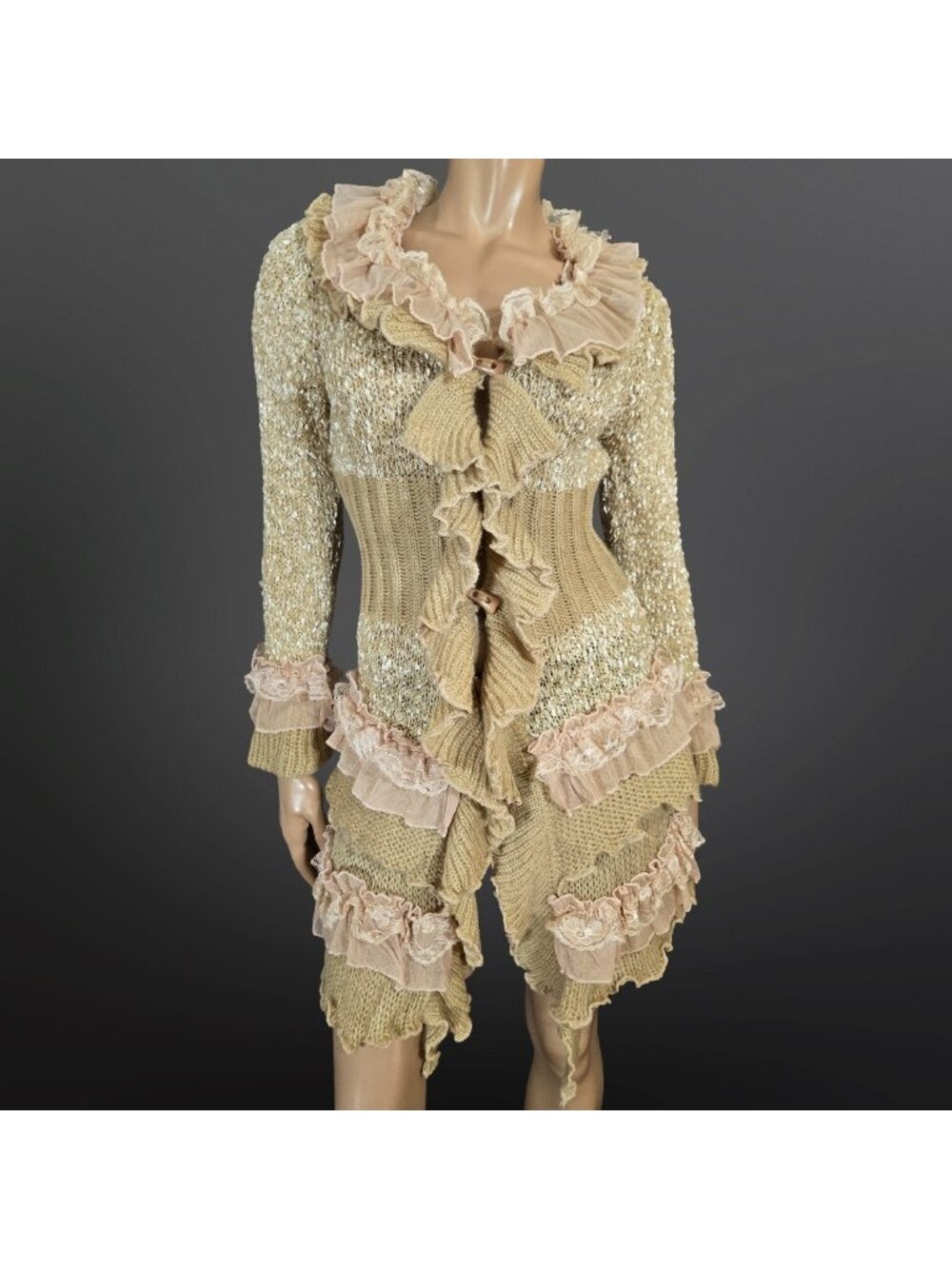 Vintage Y2K Fairy Beige Ruffled Long Cardigan Lace Trim Bell Sleeves Size S